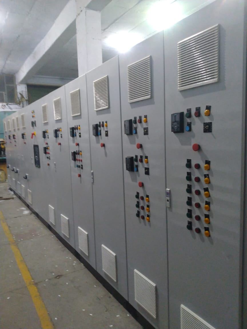 Line-up of floor-standing motor control panels built by SC Innovators